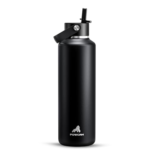 POWCAN 24 oz Slim Insulated Water Bottle with Straw: Leakproof, Keep Cold 24H, Cupholder Friendly, Top Handle, BPA-free, Stainless Steel Water Bottle for Sport, Travel, School, Gym (Midnight Black) - color: Midnight Black, size: 24 Ounces
