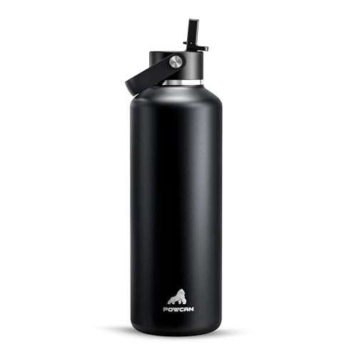 POWCAN 32 oz Insulated Water Bottle with Straw: Leakproof, Top Handle, Keep Cold 24H, BPA-Free, Double Wall Stainless Steel Water Bottle for Travel, Sport, Gym, Outdoors, Camping (Midnight Black) - color: Midnight Black, size: 32 Ounces