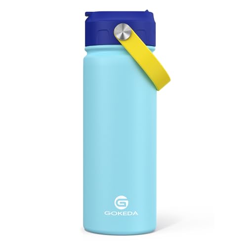 GoKEDA 18oz Kids Water Bottle, Insulated Bottles with Stickers, 18/8 Stainless Steel Vacuum Leak Proof Straw Cup for School, Gifts for Boys Girls(LightBlue) - color: Light Blue Yellow