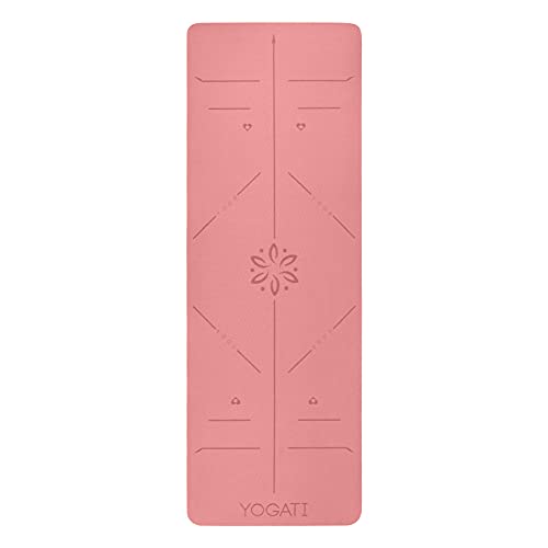 YOGATI® Yoga Mat with Strap with Alignment Lines. Home Workout Mat for Women, Men and Kids. Thick Non Slip Yoga Mat for Pilates and Fitness. Brown, Pink and Purple Yoga Mats - color: Pink