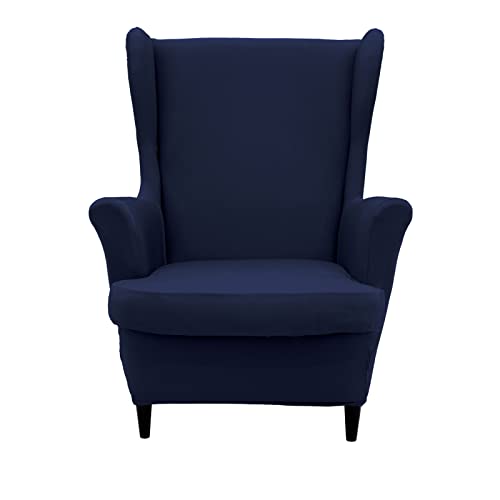 NILUOH Wingback Chair Cover 2-Piece Soft Stretch Wing Chair Slipcover Solid Color Armchair Sofa Couch Cover Furniture Protector with Elastic Bottom for Living Room Bedroom (Navy) - color: Navy