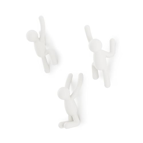 Umbra Buddy Wall Hooks, Decorative Wall Mount Coat Hooks, Set of 3, White | Easy install with hardware, holds 5lbs per hook, entryway bedroom bathroom dorm, playful hanging storage, recycled plastic - color: White