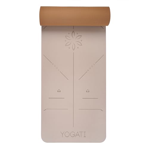 YOGATI® Yoga Mat with Strap with Alignment Lines. Home Workout Mat for Women, Men and Kids. Thick Non Slip Yoga Mat for Pilates and Fitness. Brown, Pink and Purple Yoga Mats - color: Brown