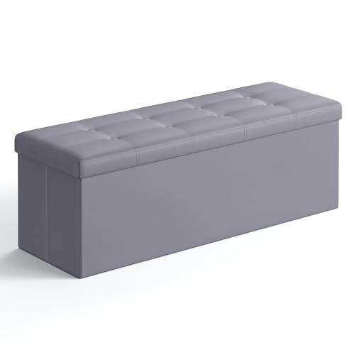 SONGMICS MAZIE Collection - 43 Inches Folding Storage Ottoman Bench, Ottoman with Storage, Foot Rest Stool, Load 660 lb, for Living Room, Synthetic Leather, Light Gray ULSF70GY - color: Light Gray, size: 15"D x 43"W x 15"H