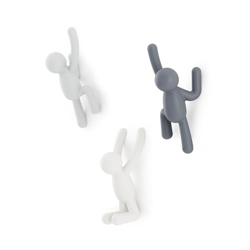 Umbra Buddy Wall Hooks, Decorative Wall Mount Coat Hooks, Set of 3, Grey | Easy install with hardware, holds 5lbs per hook, entryway bedroom bathroom dorm, playful hanging storage, recycled plastic - color: Gray