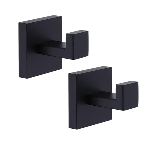 TASTOS Bath Towel Hooks Matte Black, 2 Pack Stainless Steel Robe Coat and Clothes Hook, Heavy Duty Wall Hook for Bathroom & Kitchen, Modern Square Style Wall Mounted (Black) - color: Matte Black, size: Square (2 Pack)
