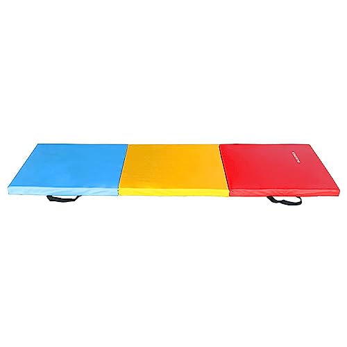 BalanceFrom 6x2 Feet 3-Panel Folding Gymnastics Mat – 1.5-Inch Thick Pad with Vinyl Surface and Carrying Handles for Tumbling, Yoga, Pilates, Home Workouts, and Martial Arts - color: Multi-Color