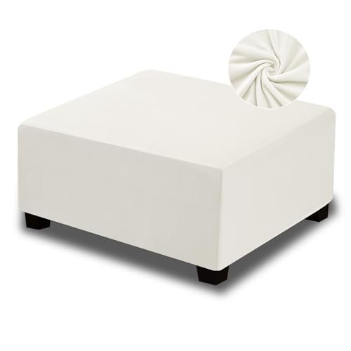 NeColorLife Velvet Square Ottoman Cover,Stretchable Footrest Stool Slipcover with Elastic Band for Rectangle and Square Storage Ottoman(Large,Off White) - color: Off White, size: L Length: 35"-45",Width: 31"-43"