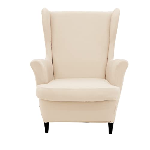 NILUOH Wingback Chair Cover 2-Piece Soft Stretch Wing Chair Slipcover Solid Color Armchair Sofa Couch Cover Furniture Protector with Elastic Bottom for Living Room Bedroom (Off-White) - color: Off-white