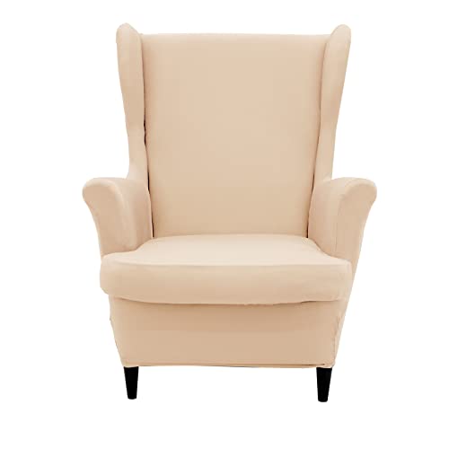 NILUOH Wingback Chair Cover 2-Piece Soft Stretch Wing Chair Slipcover Solid Color Armchair Sofa Couch Cover Furniture Protector with Elastic Bottom for Living Room Bedroom (Beige) - color: Beige