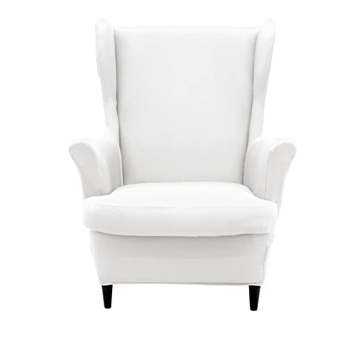 NILUOH Wingback Chair Cover 2-Piece Soft Stretch Wing Chair Slipcover Solid Color Armchair Sofa Couch Cover Furniture Protector with Elastic Bottom for Living Room Bedroom (White) - color: White