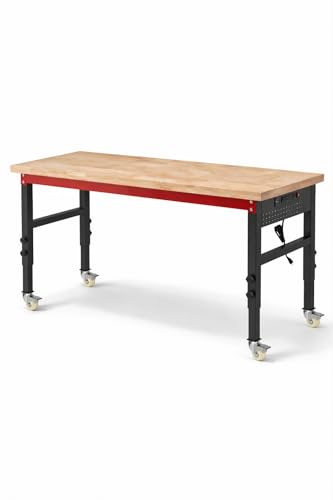 70" Heavy Duty Workbench, 2500 LBS Load Capacity Work Bench with 1.2" Laminated Oak Wood Top & Reinforced Steel Frame, Adjustable Height Work Table for Garage, Workshop, Office, Home (Casters) - size: 70"丨Casters