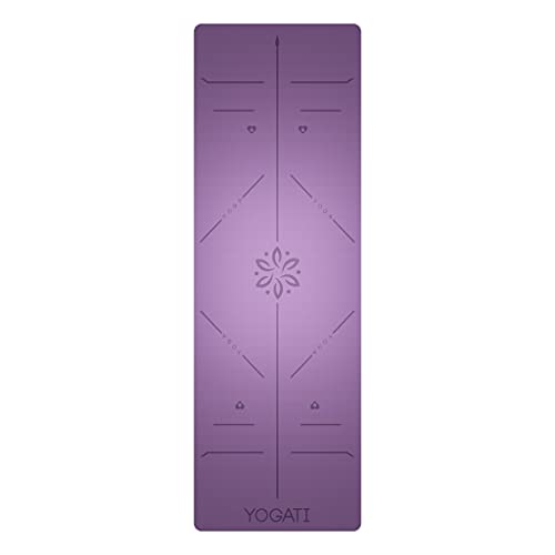 YOGATI® Yoga Mat with Strap with Alignment Lines. Home Workout Mat for Women, Men and Kids. Thick Non Slip Yoga Mat for Pilates and Fitness. Brown, Pink and Purple Yoga Mats - color: Purple