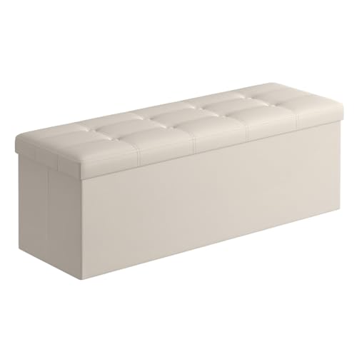 SONGMICS Mazie Collection - 43 Inches Folding Storage Ottoman Bench, Ottoman with Storage, Foot Rest Stool, Load 660 lb, for Living Room, Synthetic Leather, Cream White ULSF70M - color: Cream White, size: 15"D x 43"W x 15"H