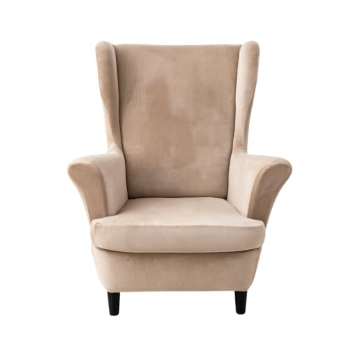 NILUOH Thick Velvet Wingback Chair Slipcovers 2-Piece, Stretch Wing Chair Covers Soft Sofa Slipcover Wing Back Armchair Cover Furniture Protector for Living Room - color: Khaki