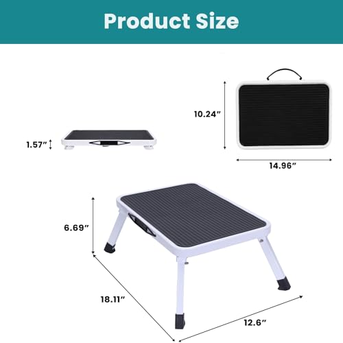 OLIXIS Foldable Step Stool, 330lbs with Non-Slip Platform & Rubber Feet | 1-Step Ladder with Carrying Handle, Sturdy Metal Stool for RV, Truck, Home Kitchen, Indoor & Outdoor Use - size: 1 Stool