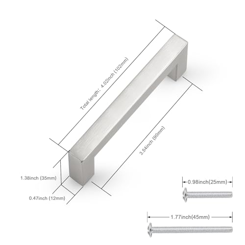 Probrico 5 Pack Hole Centers 3.5inch Square Kitchen Cabinet Pulls,Brushed Satin Nickel Dresser Handles, Stainless Steel Drawer Pull Handle for Cabinets 4inch Length - color: Brushed Nickel, size: Hole Center: 90mm(3.5inch)