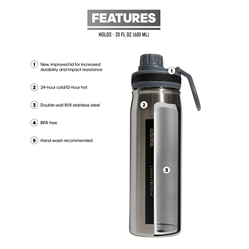 adidas Stainless Steel Metal Water Bottle 20 oz (600 mL) Screw Cap - color: Stainless Steel/Onix Grey/Black