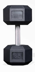 Rep Fitness Rubber Hex Dumbbell(s) - Singles (55LB +) and Pairs (5LB - 50LB) - Low Odor, Fully Knurled Handle - style: 65 LB SINGLE DB
