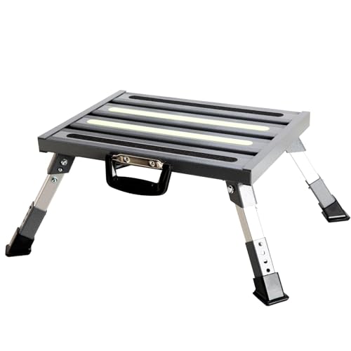 Aluminum RV Steps, 4-Level Adjustable Folding Step Stool with Non-Slip Rubber Feet, Non-Slip Fluorescent Strip Platform Rv Accessories - Gray - color: Gray+reflective Yellow