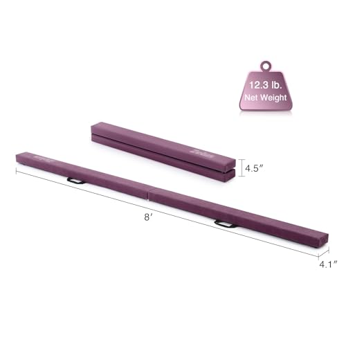 ZELUS 8' Folding Gymnastics Balance Beam, Floor Balance Beam w/Carry Handles Anti-Slip Base for Kids, Beginners & Professional Gymnasts - color: Purple