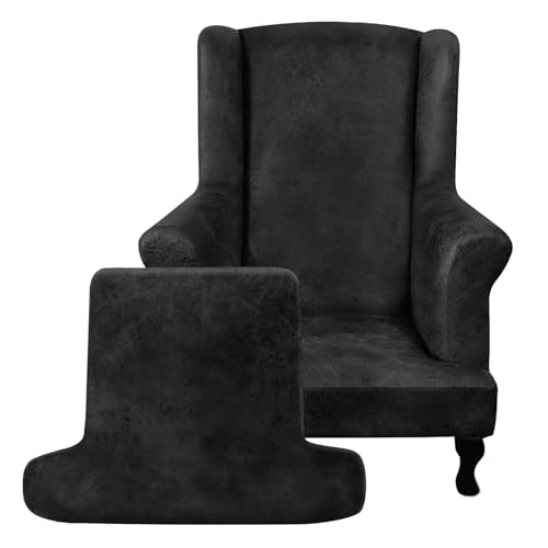 ANARACHON Leather Look Wingback Chair Covers, 2-Piece Wing Chair slipcover,Stretch Wing Back Armchair Slipcovers with Elastic Bottom, Soft Spandex Furniture Protector for Living Room (Black) - color: Black