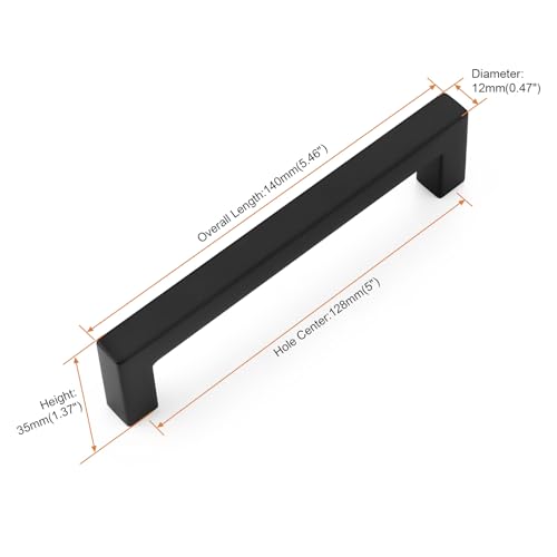 Probrico 5 Pack Square Black Kitchen Cabinet Pulls, Stainless Steel 5 Inch Hole Centers, Square Corner Bar Dresser Drawer Pull Handles - color: Black, size: Hole Center: 128mm(5inch)