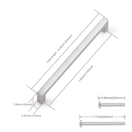 Probrico 5 Pack Hole Centers 7.5inch Brushed Satin Nickel Cabinets Handles,Stainless Steel Kitchen Cabinet Pulls,Square Corner Bar Dresser Pull Handle 8inch Length - color: Brushed Nickel, size: Hole Center: 192mm(7.5inch)