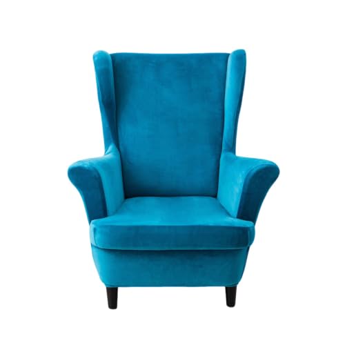 NILUOH Thick Velvet Wingback Chair Slipcovers 2-Piece, Stretch Wing Chair Covers Soft Sofa Slipcover Wing Back Armchair Cover Furniture Protector for Living Room - color: Cyan Blue