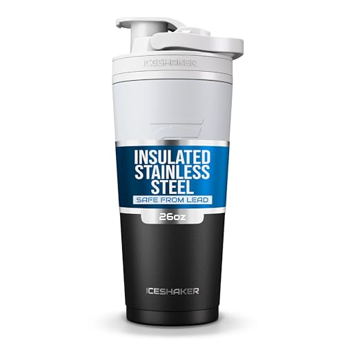 Ice Shaker Stainless Steel Shaker Bottle | 26oz, Black/White | Stays Cold for 30+ Hours | Insulated Cup with Twist-on Agitator | Odor-Free Shaker Cup for Protein Shakes, Water, Smoothies - color: BWOmbre