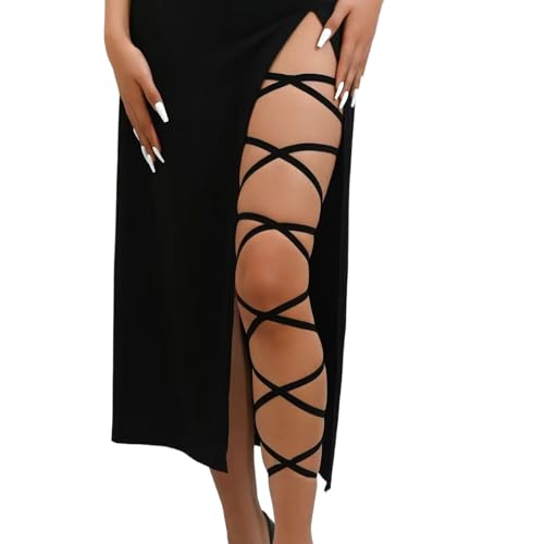 Elastic Cross Thigh Garter String Chain Leg Wraps, Punk Black Harajuku String Chain Body Jewelry for Women - color: Black