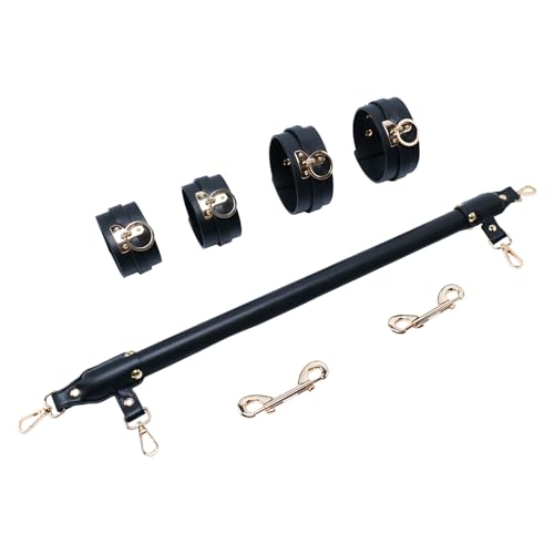 Wooden PU Spreader Bar with 4pcs PU Adjustable Straps,Workout Bar for Home Gym Training Bar,Portable Detachable Pilates Kit - style: Embossed Black+Black Kit