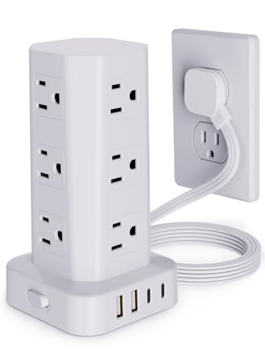 Power Strip Tower Surge Protector, 6FT Flat Plug Extension Cord with Multiple Outlets, 12 AC Outlets 4 USB (2 USB C), Desktop Charging Station with Surge Protection for Home Office Dorm Room, White - color: White, size: 6FT