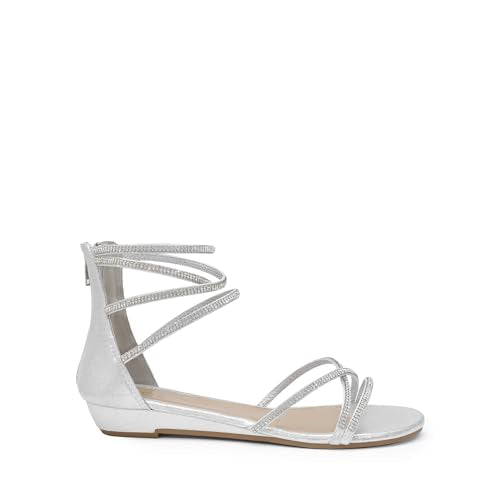 DREAM PAIRS Women's Ankle Strap Flat Sandals Summer Dressy Strappy Gladiator Rhinestones Sandals - color: Silver, size: 11