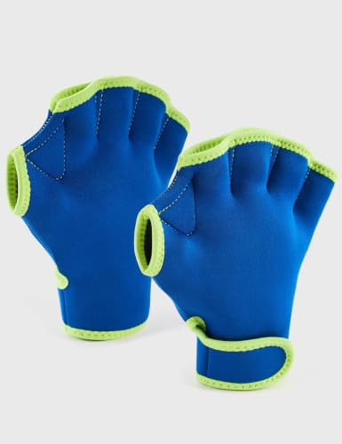 FitsT4 Sports Aqua Gloves Webbed Paddle Swim Gloves Fitness Water Aerobics - color: Blue/Neon Yellow, size: Small