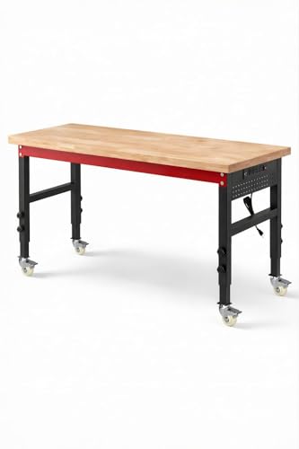 60" Heavy Duty Workbench, 2500 LBS Load Capacity Work Bench with 1.2" Laminated Oak Wood Top & Reinforced Steel Frame, Adjustable Height Work Table for Garage, Workshop, Office, Home (Casters) - size: 60"丨Casters