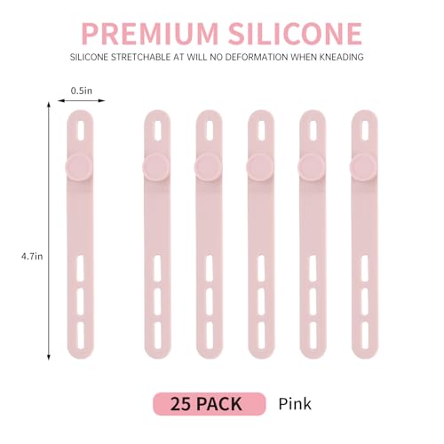 Oligei 25 Pcs Silicone Cable Ties, Cable Ties Reusable, High Elasticity Cord Wraps for Electrical Cords, Cord Organizer for Earphone, Phone Charger(Pink) - color: 25p∣pink