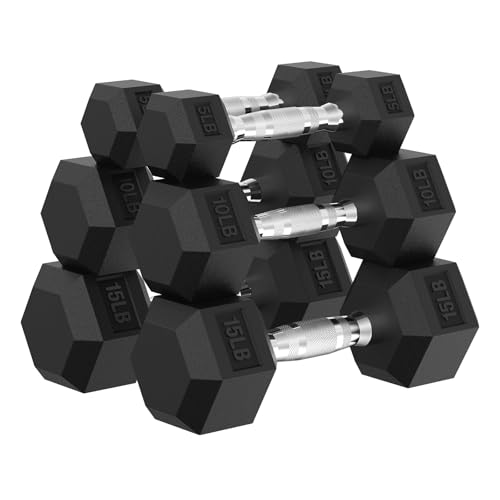PAPABABE Dumbbell Set, Rubber Encased Home Gym Dumbbells, Weight Dumbbells for Women & Men, Hand Weights for Home Gym & Strength Training - size: 60 lb Set (Pair of 5, 10, 15), style: Chrome Grip