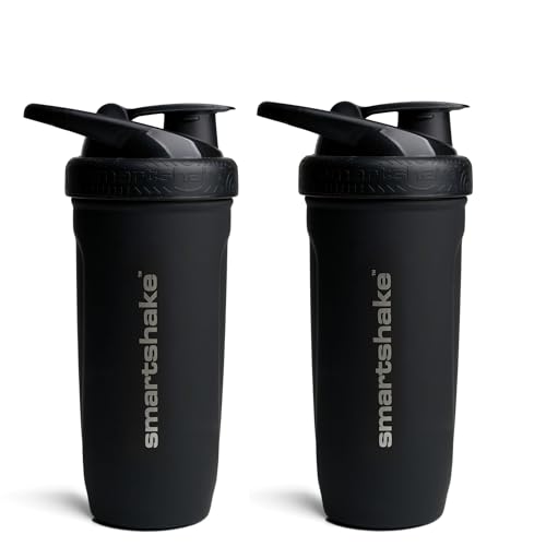 Smartshake 2 Pack Stainless Steel Non-Insulated Protein Shaker Bottle for Protein Mixes, 30 fl oz | Leak Proof Shaker Cups for Protein Shakes | Protein Shaker Bottle Pack | Black