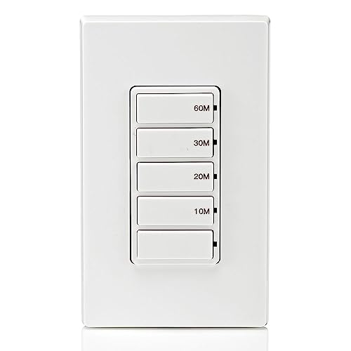 Leviton Countdown Timer Switch for bathroom fan and household lights, 10-20-30-60 min, No Neutral Required, Single Pole, 15A, 1/2HP/9.8A Fan/Motor, DT160-1LW, White - style: 10-20-30-60 min, No Neutral Required