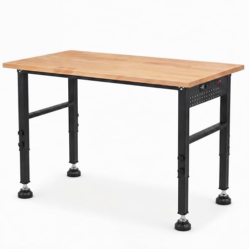 48" Workbench with Footpads, Adjustable Height Work Bench with Rubberwood Top, Built-in Power Outlet with 4 AC Outlets and 2 USB Ports, 2000 LBS Capacity for Garage, Workshop and Home
