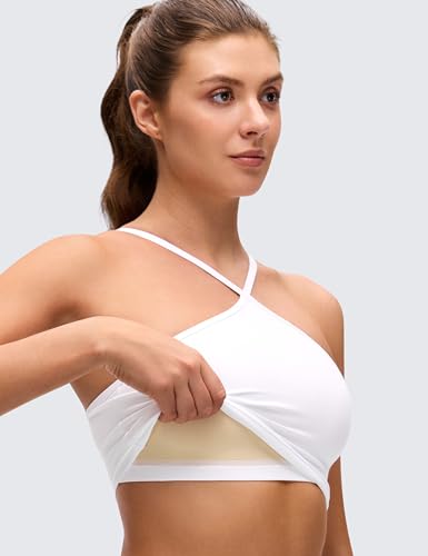 CRZ YOGA Butterluxe Cross Neck Crop Tank Tops | Light Support, Removable Pads, Yoga, Extremely Soft, Square Back, Spaghetti Straps, Longline Sports Bras for Women - color: White, size: X-Small