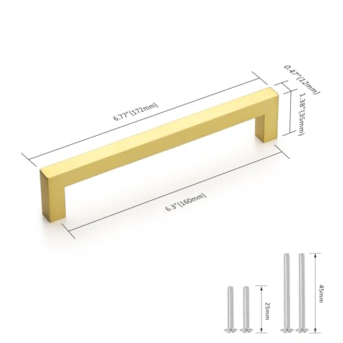 Probrico 5 Pack Square Gold Kitchen Cabinet Pulls 6.3 Inch Stainless Steel Brushed Brass Cabinet Handles Square Corner Bar Polished Gold Dresser Drawer Pull Handles Total Length 6.8Inch - color: Gold, size: Hole Center: 160mm(6.3inch)