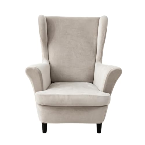 NILUOH Thick Velvet Wingback Chair Slipcovers 2-Piece, Stretch Wing Chair Covers Soft Sofa Slipcover Wing Back Armchair Cover Furniture Protector for Living Room - color: Oatmeal Color