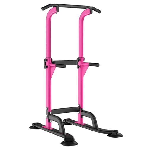 SogesHome Power Tower Pull Up Bar and Dip Station, Height Adjustable Dip Stand Exercise Machine for Home Gym, Multi-Functional Free Standing Strength Training Fitness Workout Station - color: Pink