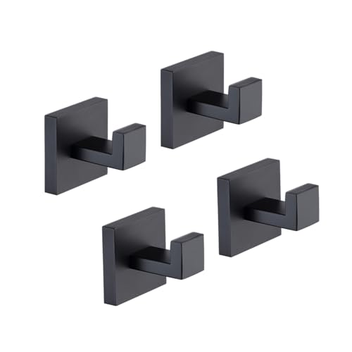 TASTOS Bath Towel Hooks Matte Black, 4 Pack Stainless Steel Robe Coat and Clothes Hook, Heavy Duty Wall Hook for Bathroom & Kitchen, Modern Square Style Wall Mounted - color: Matte Black, size: Square (4 Pack)