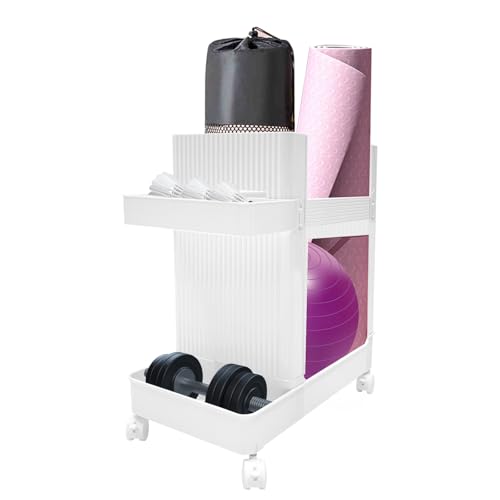 Workout Equipment Storage Cart, Floor Standing Multifunctional Fitness Gear Organizer Rack with Wheels for Home Gym, Yoga Studio, Gray - color: White