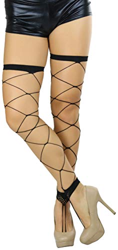 ToBeInStyle Women's Leg Wraps Ravewear Dancewear Elastic Straps Party Garter Music Festivals Costume Accessory Thigh High - color: Footless Big Diamond Fishnet - Black, size: One Size