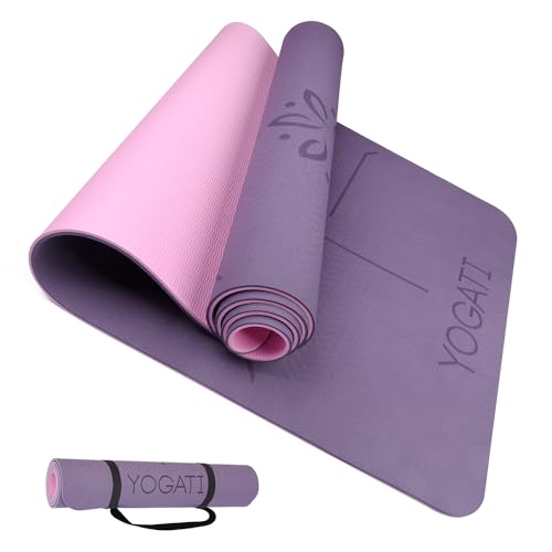 YOGATI® Yoga Mat with Strap with Alignment Lines. Home Workout Mat for Women, Men and Kids. Thick Non Slip Yoga Mat for Pilates and Fitness. Brown, Pink and Purple Yoga Mats - color: Purple
