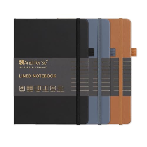 &And Per Se Lined Notebooks 3-Pack Gift Set, A5 Hardcover Journals, 160 Pages 100gsm Thick Paper, 3 Assorted Colors (Brown, Blue, Black) - color: Brown,Blue&Black, style: 3 Pack-Lined